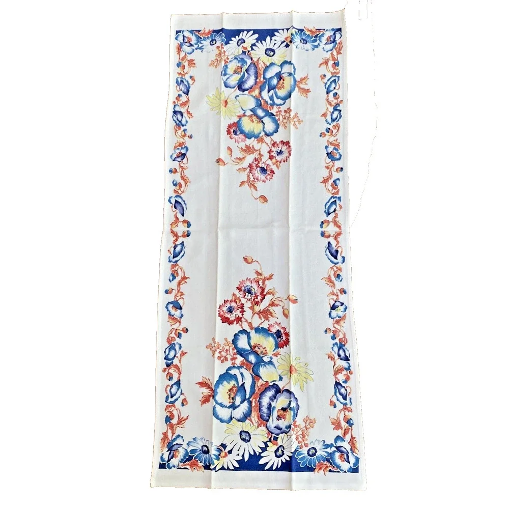Vintage Cotton Tea Towel Printed Kitchen Cloth White Blue Red Floral Cottage